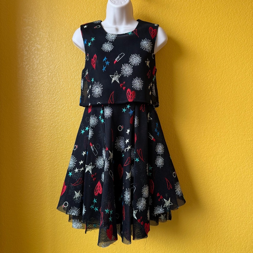 Maje Rachel Black Mesh Embroidered Print Heart Star Lipstick Dress